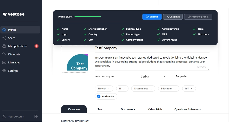Чек-лист заполнения профиля стартапа на Vestbee