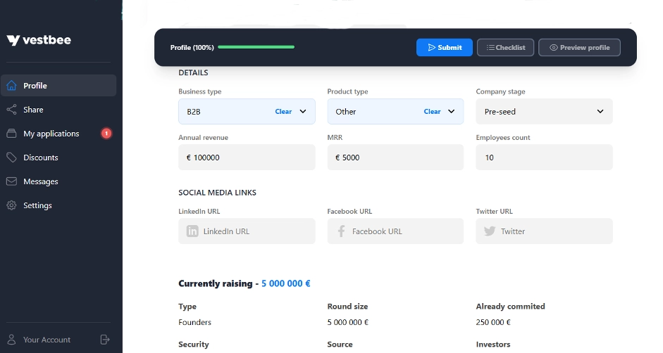 Данные о раунде финансирования в профиле Vestbee